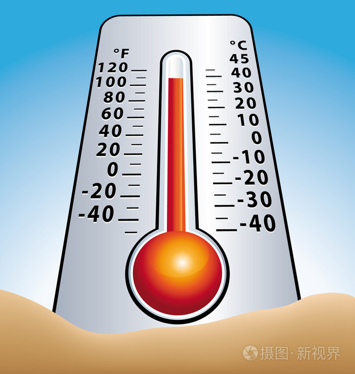 炎热的气温.在沙地上的温度计