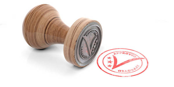 木制印章批准的印章.木制圆橡胶冲压和印章与文本批准隔离在白色背景.