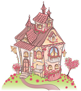 童话屋梦幻卡通童话屋与惊人的建筑和色的花朵.手工绘制的矢量图照片