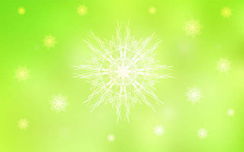 浅绿色, 黄色向量模式与圣诞节雪花。闪光抽象例证与冰的结晶。该模式可用于年度新网站