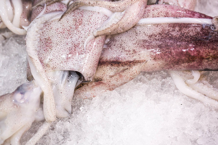 关闭市场上冰上生冻鱿鱼的食品形象