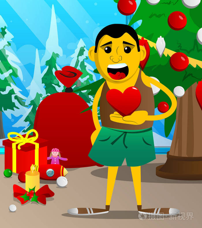 黄色的男子握着红色的心在他的手矢量卡通插画