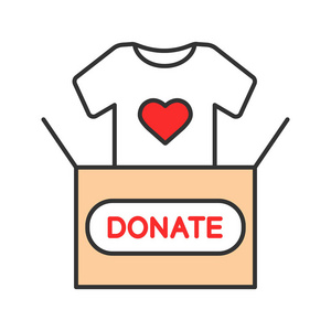 服装捐赠颜色图标。捐赠箱与 t恤衫。旧衣服。慈善。孤立向量插图