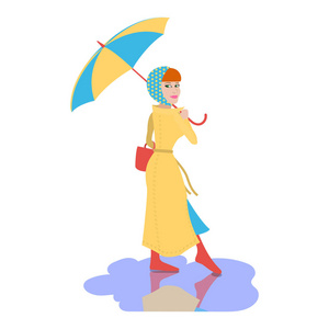 雨天年轻美丽的妇女与雨伞散步
