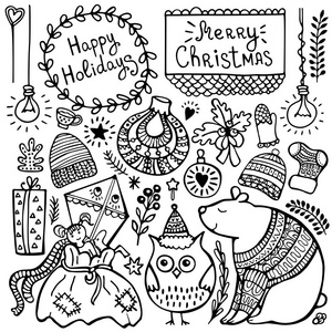一套可爱的手绘圣诞节, 新年和冬季元素隔离在白色背景
