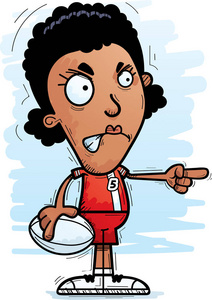 一个黑人女子橄榄球运动员看起来愤怒和指向的卡通插图