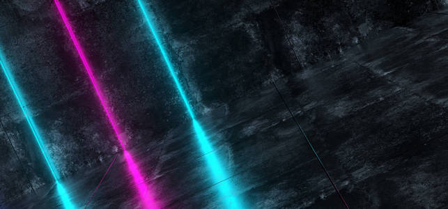 倾斜的未来科幻室内垃圾混凝土房间, 蓝色和紫色的霓虹灯发光和反射在地板上空空间3d 渲染插图