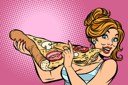 女人吃披萨