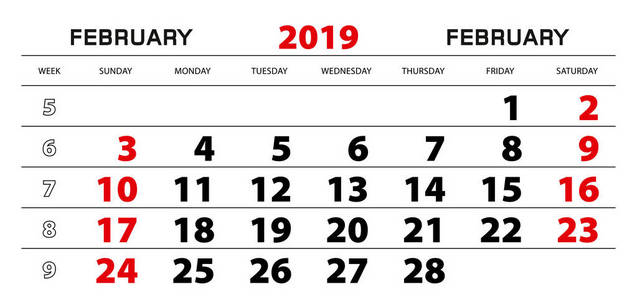 挂历 2019 2月, 星期从星期日开始。块尺寸 297x140 mm