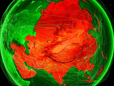 亚洲在绿色地球的空间与代表空中交通或电信的网络。3d 插图。Nasa 提供的这张图片的元素