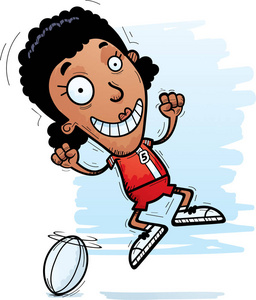 一个黑人女子橄榄球运动员跳跃的卡通插图