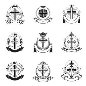 基督教的十字架标志设置.纹章徽章装饰标志孤立的矢量插图合集照片