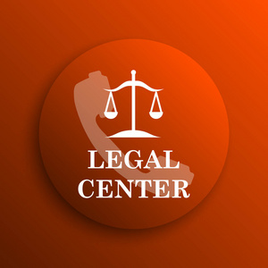 法律中心图标。橙色背景上的互联网按钮