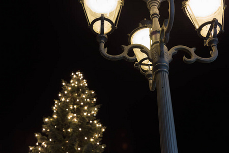 模糊的圣诞节的到来树在历史市场上的南德国城市附近慕尼黑和斯图加特在12月晚上