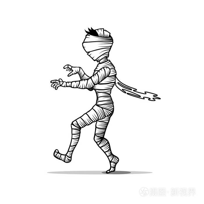 黑白相间的木乃伊性格万圣节概念向量插图