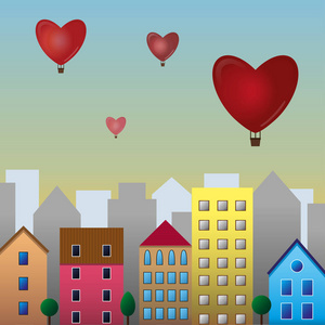 平面设计住宅, 空中有气球。向量例证浪漫城市