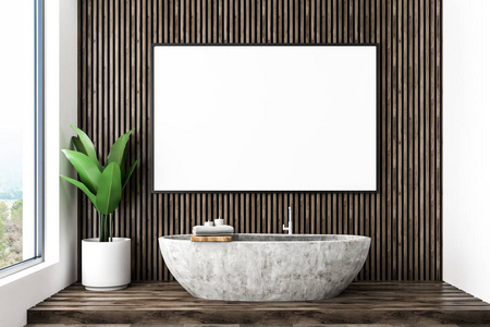 现代浴室的内部有深色木墙和地板, 混凝土浴缸, 盆栽和水平模拟海报框架的墙壁上。3d 渲染