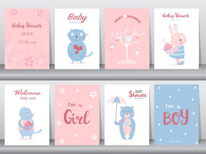 套婴儿送礼会请柬, 海报, 问候, 模板, 动物, 可爱, 猫, 兔, 熊, 矢量插图