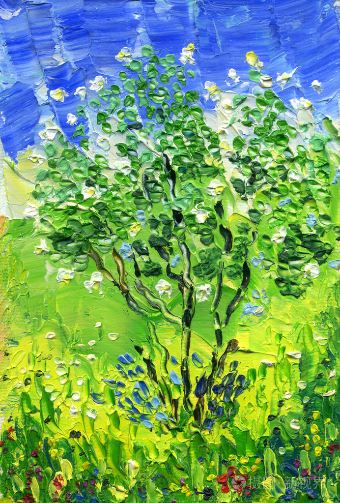 一片白色花园的灌木丛在草地和天空的背景下升起油画在帆布上针织调色