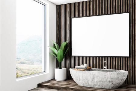 现代阁楼浴室的角落, 有深色木墙和地板, 混凝土浴缸, 盆栽和水平模拟海报框架的墙壁上。3d 渲染