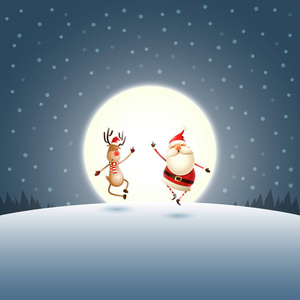 圣诞搞笑卡片。快乐好玩的圣诞老人和驯鹿在深蓝色月光风景