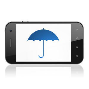 保护的概念 在智能手机上的雨伞