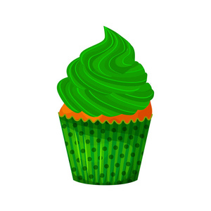 向量动画片样式甜蛋糕的例证。以绿色奶油装饰的美味甜点。在白色背景查出的松饼