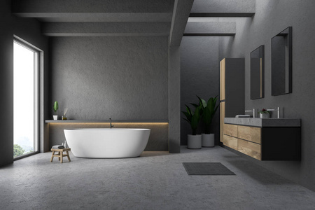 现代浴室的内部, 灰色的墙壁和地板, 阁楼窗口, 白色浴缸和大理石双水槽站在木台面上。3d 渲染
