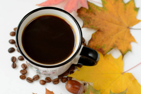 金秋期间, 一杯热腾腾的黑咖啡, 有蒸汽干落叶谷粒和橡子