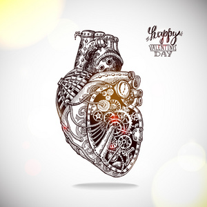 手工绘制的插图的机械心脏照片