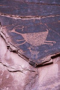 著名的 anasazi 岩画代表两个动物雕刻在纪念碑谷纳瓦霍部落公园的