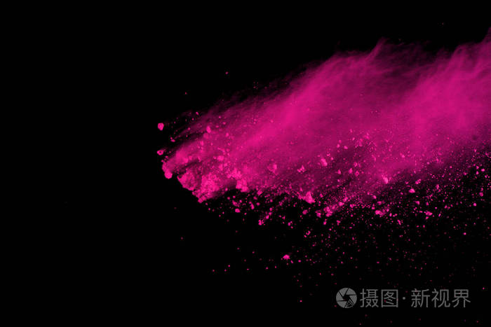抽象粉红色粉末爆炸黑色背景.抽象色粉 splatted, 粉红色粉末爆炸的冻