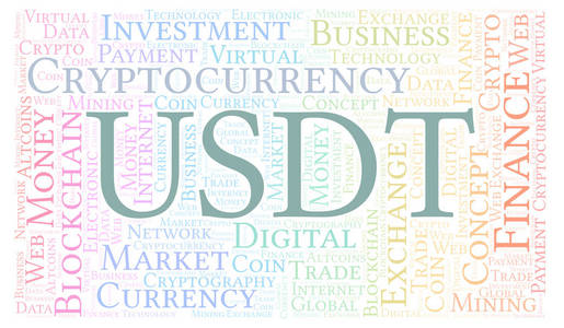 usdtusdt 探测或系绳加密硬币字云。只用文字制作的文字云照片