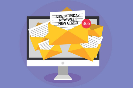 Word 文字新星期一新一周新目标。业务概念是积极的每一周开始的计算机接收电子邮件重要信息信封与论文虚拟图片