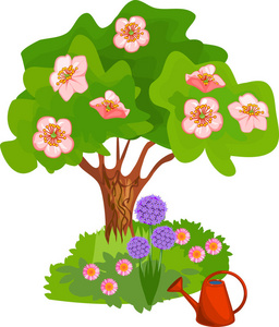 动画片盛开的树与粉红色的花朵和草地附近的树干上白色背景
