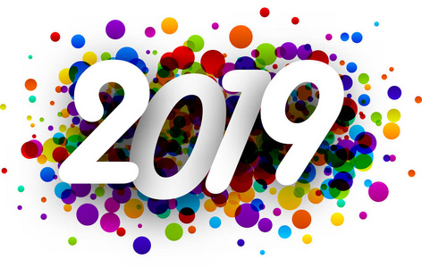 2019新年标志, 彩色颜料滴在白色背景。矢量纸插图