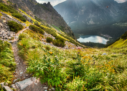 山风景用池塘和山上的小木屋图片