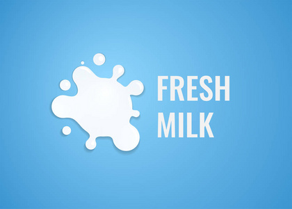 牛奶标志与白色飞溅的牛奶和标题在蓝色背景。天然鲜品奶牛场的矢量会徽插图