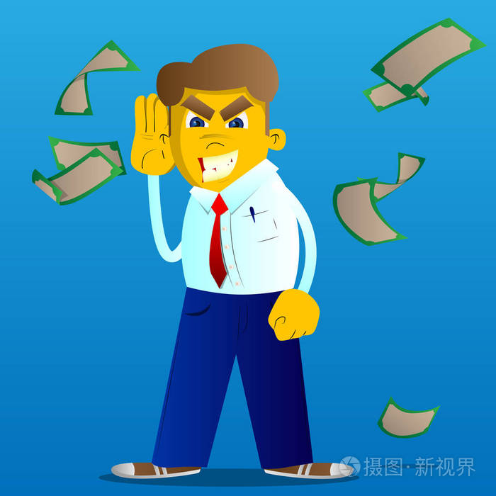 黄色的男人握着他的耳朵, 听着.矢量卡通插画