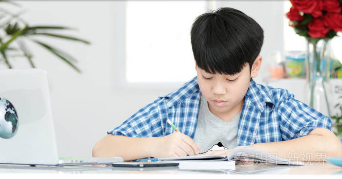 年轻的亚洲青少年学生在家做家庭作业