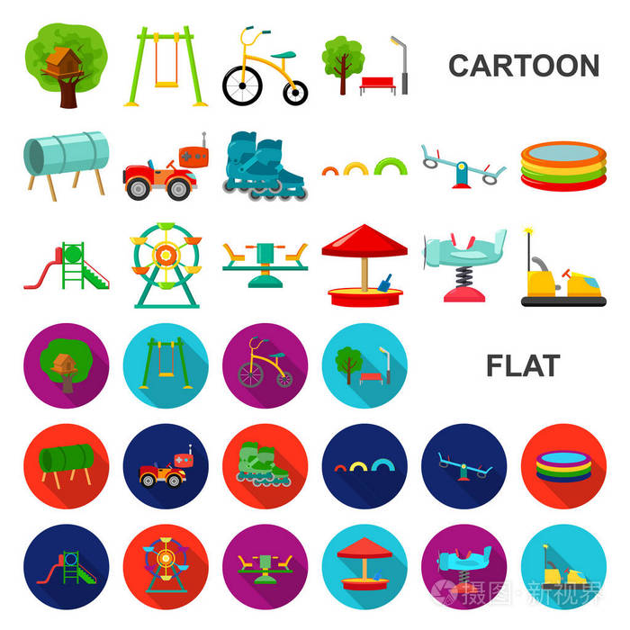 游乐场, 娱乐卡通图标集为设计收藏.吸引和设备矢量符号股票网页插图