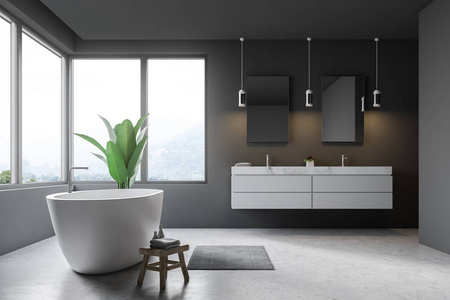 现代浴室内部的侧视图, 灰色的墙壁, 混凝土地板, 窗户与灰色窗帘, 白色浴缸和双水槽。3d 渲染
