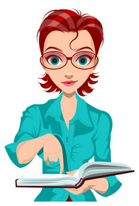 阅读眼镜向量年轻的女教师持有打开的书和点手指.