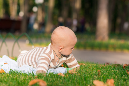 可爱的小宝宝躺在公园里