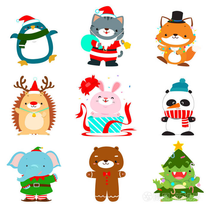 一套逗人喜爱的圣诞节动物角色向量例证