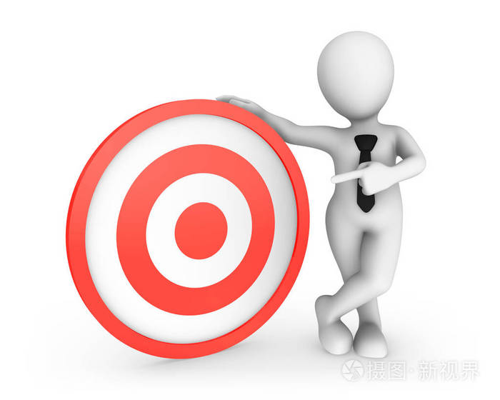 3d 白色男子指着红色的目标.3d. 用小人物渲染插图