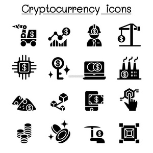 Cryptocurrency, Blockchain 和 Ico 图标集矢量插图图形设计