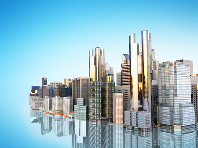 全景景观现代高层建筑城市的中心部分全景在蓝色的3d 渲染