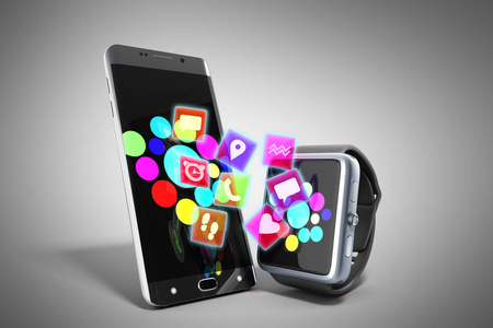 创意移动连接和业务移动无线通信概念智能手表或时钟和触摸屏智能手机在灰色背景下的彩色接口