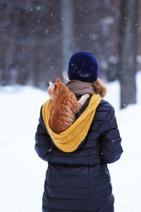 红猫与降雪背景她背上的女人